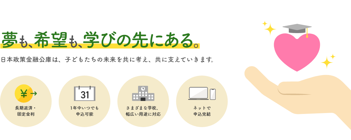 夢も、希望も、学びの先にある 日本政策金融公庫は、子供たちの未来を共に考え、共に支えていきます。「長期返済・固定金利」「1年中いつでも申込可能」「さまざまな学校、幅広い用途に対応」「ネットで申込完結」